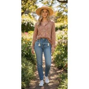 VTG 70s Bonwit Teller Floral Top blouse button down Size 38 Made In ITALY Silk